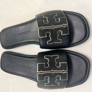 Tory Burch Black Slide Sandals with Gold-Trim Logo